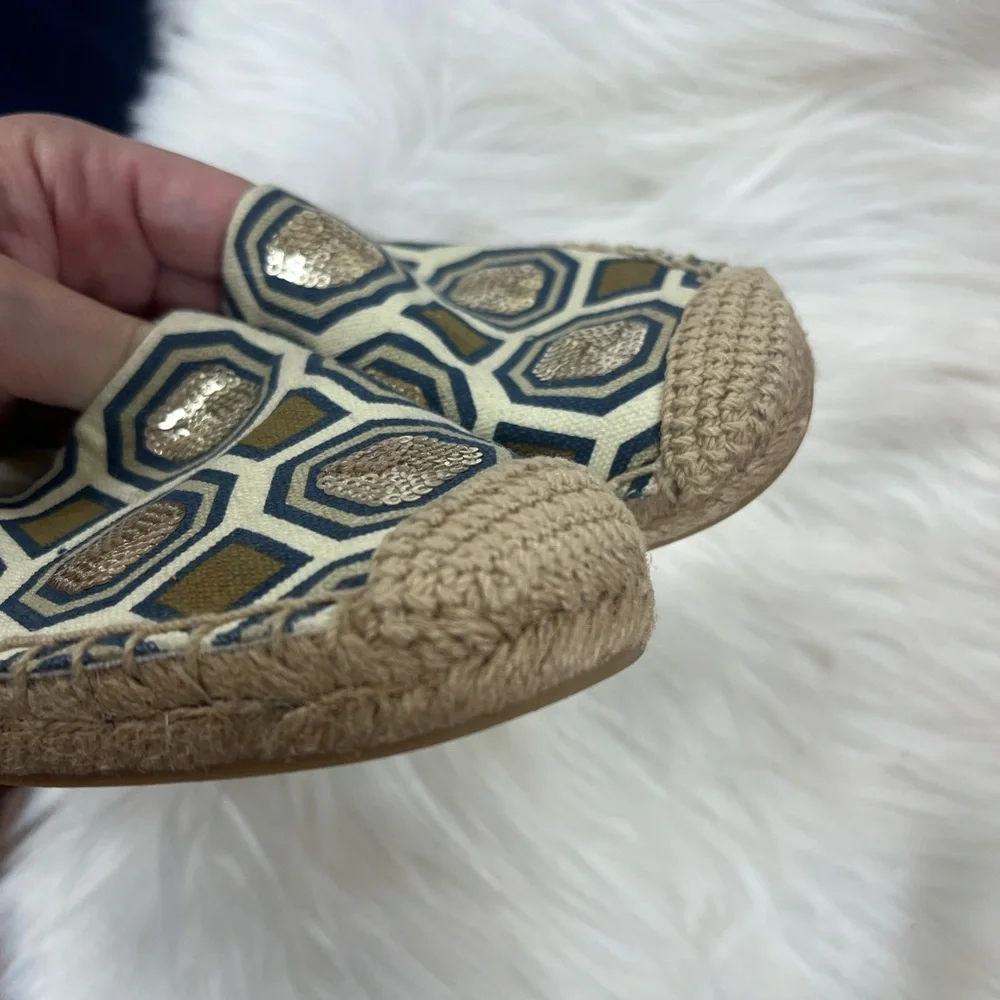 Tory Burch Cecily Embellished Espadrille Flats 6 Tan Canvas Sequin Rattan shoes